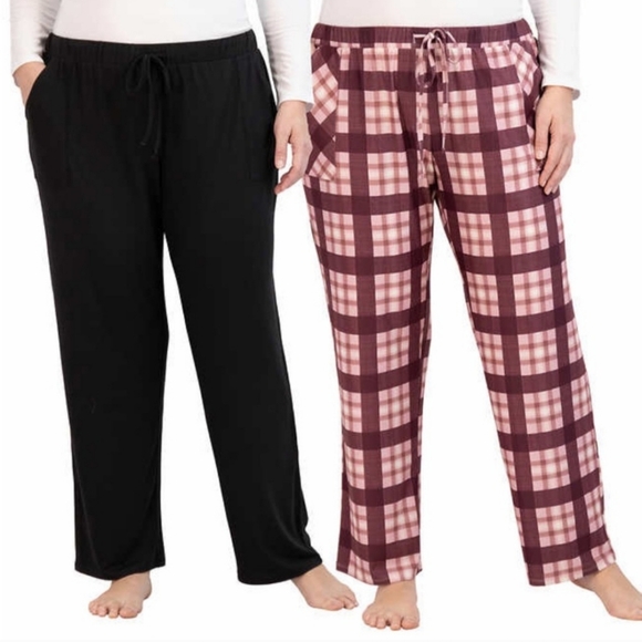 NWT Lucky Brand Staright Leg Lounge Pants Set of 2 Maroon Plaid & Black - Picture 1 of 4